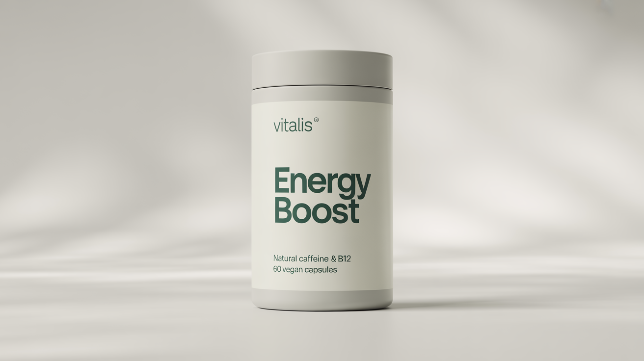 A photorealistic mockup of a modern, matte white supplement bottle with a minimalist green and white label that reads 'VITALIS ENERGY BOOST', set against a plain white background.