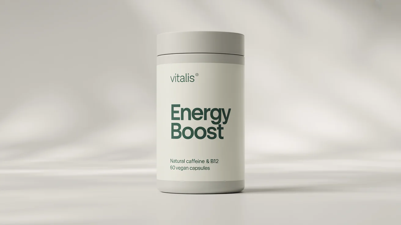 A photorealistic mockup of a modern, matte white supplement bottle with a minimalist green and white label that reads 'VITALIS ENERGY BOOST', set against a plain white background.