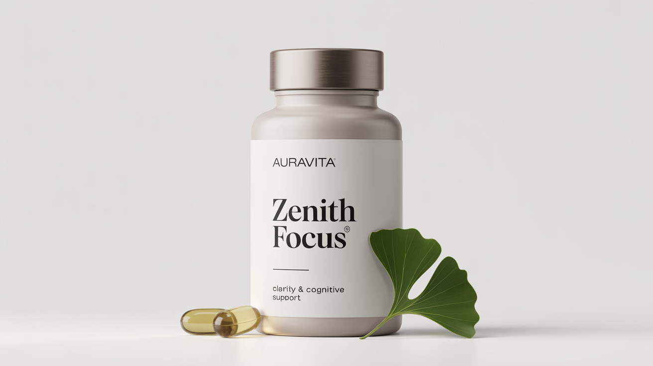 A modern white supplement bottle with a silver cap, labeled 'AuraVita Zenith Focus'. Two golden capsules and a ginkgo leaf are beside it on a white background.