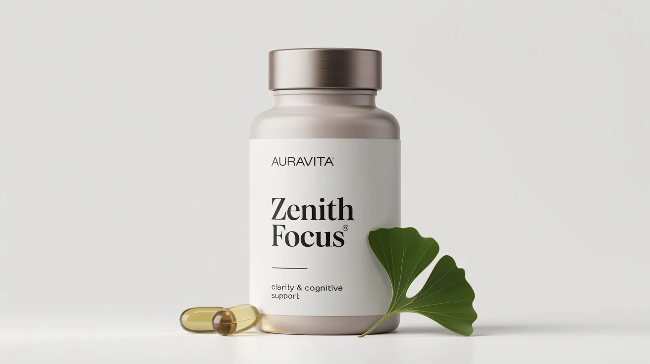 A modern white supplement bottle with a silver cap, labeled 'AuraVita Zenith Focus'. Two golden capsules and a ginkgo leaf are beside it on a white background.
