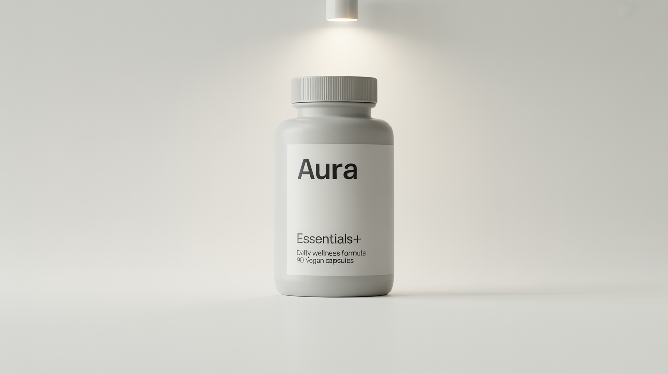 A photorealistic mockup of a modern, white supplement bottle with a minimalist beige label. The label reads 'AURA ESSENTIALS+', set against a clean white background.