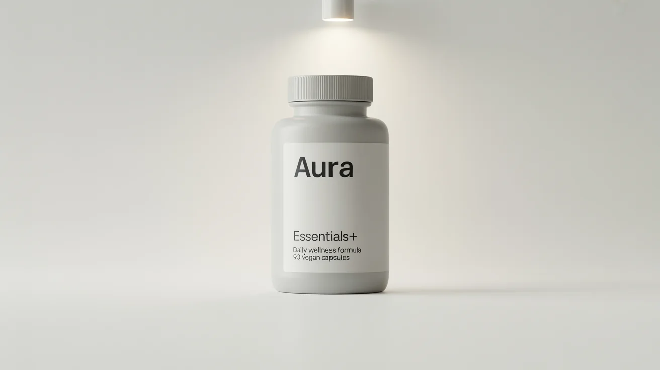 A photorealistic mockup of a modern, white supplement bottle with a minimalist beige label. The label reads 'AURA ESSENTIALS+', set against a clean white background.