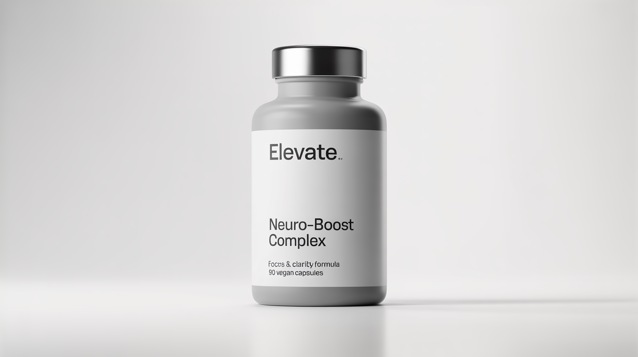 A photorealistic mockup of a matte white supplement bottle with a silver cap against a white background. The label reads 'ELEVATE - Neuro-Boost Complex'.