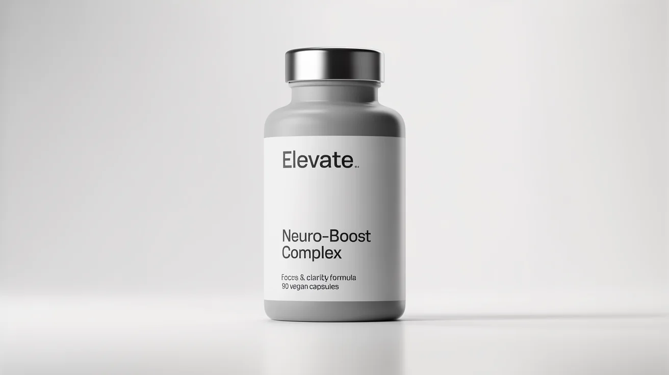 A photorealistic mockup of a matte white supplement bottle with a silver cap against a white background. The label reads 'ELEVATE - Neuro-Boost Complex'.