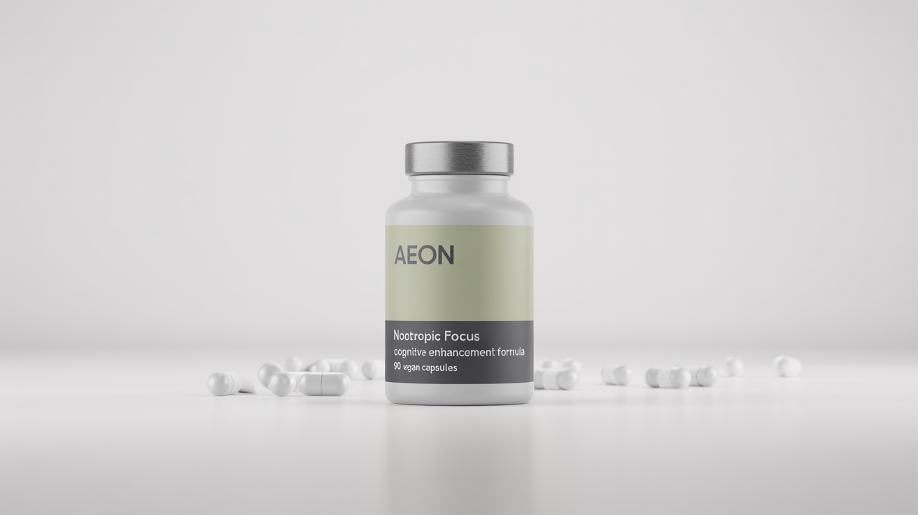 A photorealistic mockup of a modern, matte white supplement bottle with a silver cap and a minimalist green and grey label for a product named 'Nootropic Focus', standing on a white background.