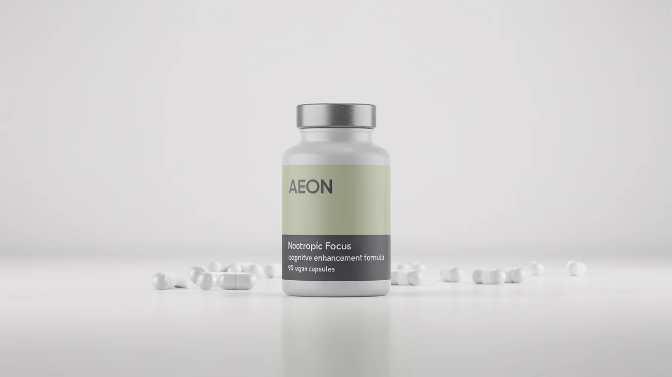 A photorealistic mockup of a modern, matte white supplement bottle with a silver cap and a minimalist green and grey label for a product named 'Nootropic Focus', standing on a white background.