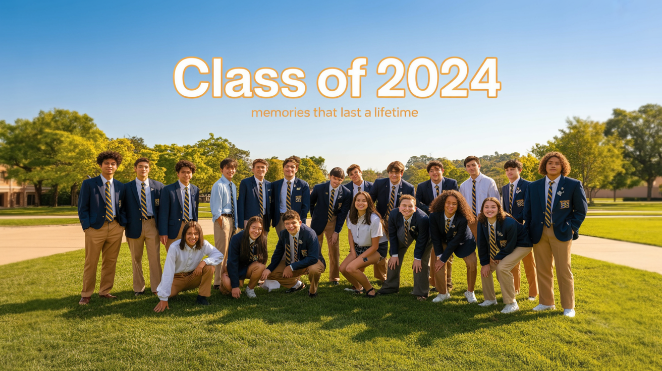 A polished yearbook page layout showing a vibrant group photo of students, with the headline 'CLASS OF 2024' in a modern font.