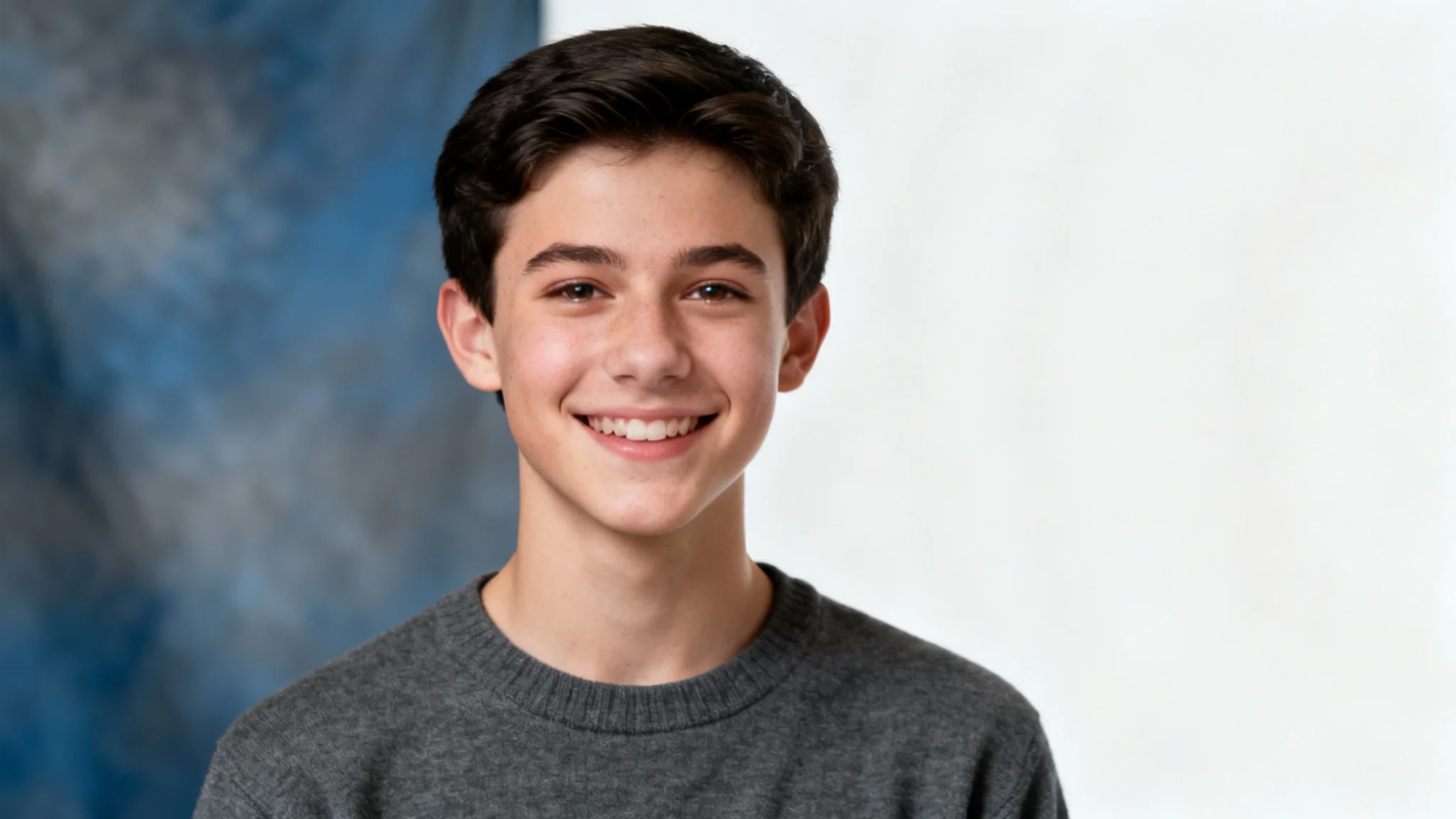 A professional yearbook headshot of a smiling male high school student against a classic blue and gray studio backdrop.