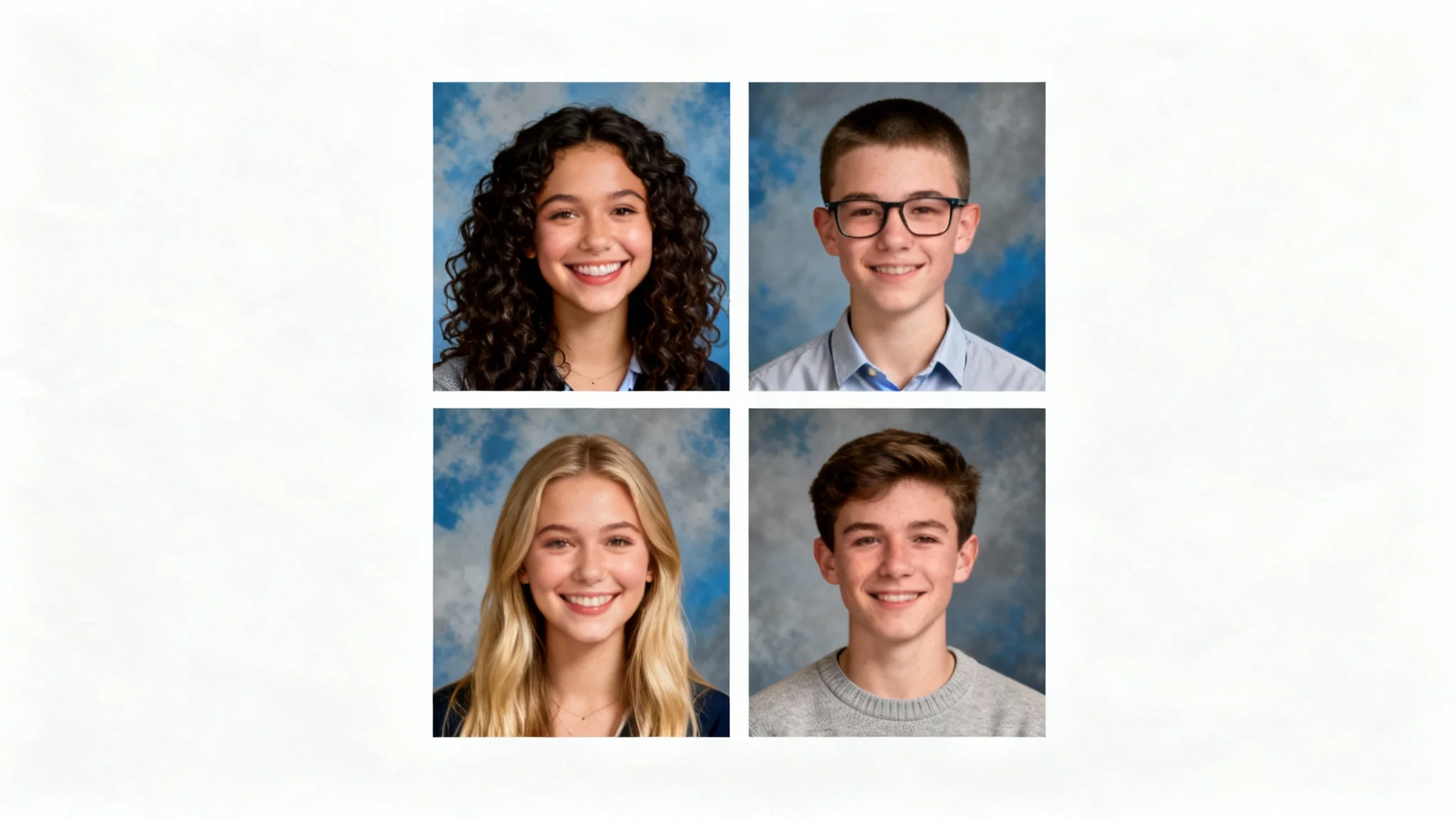 A collage of four professional yearbook portraits of diverse and smiling high school students, displayed in a grid on a white background.