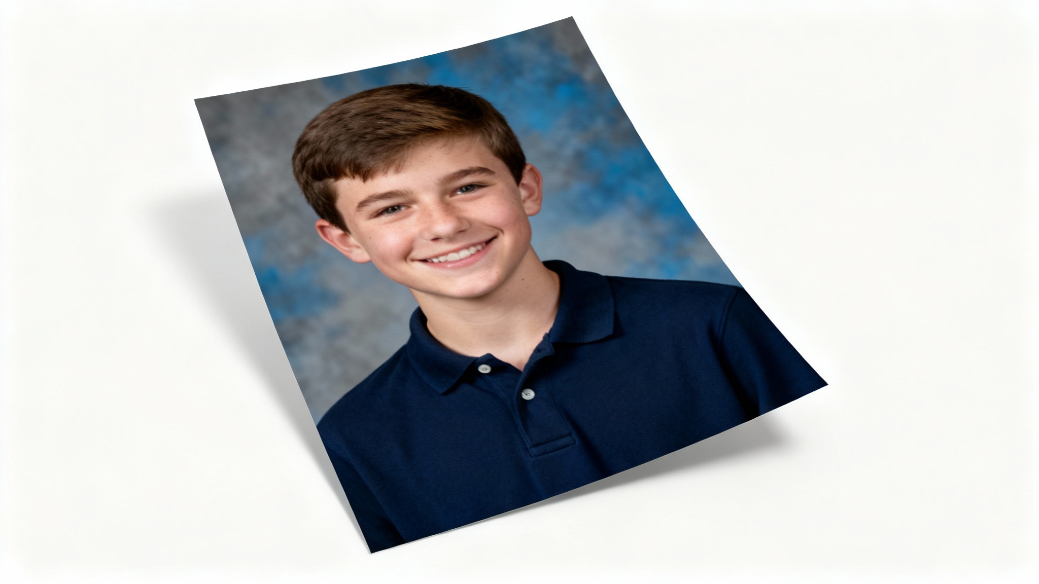 A professional yearbook photo mockup of a smiling teenage boy in a polo shirt, set against a traditional mottled blue and gray studio backdrop, all isolated on a clean white background.
