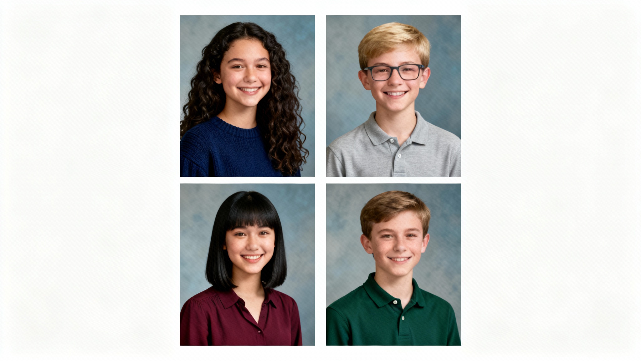 A collage of four professional yearbook headshots of diverse, smiling high school students against a clean background, demonstrating a yearbook photo service.