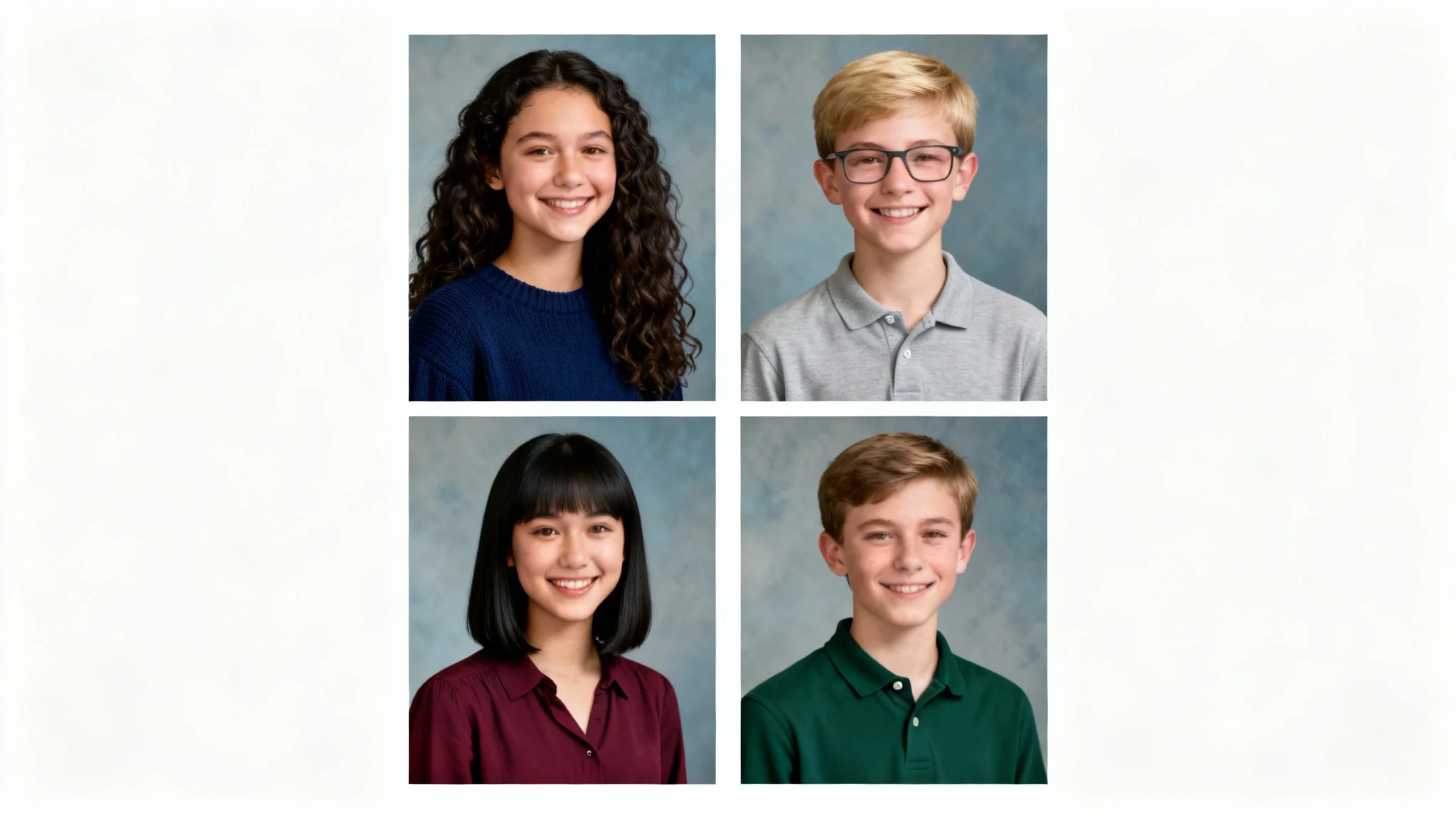 A collage of four professional yearbook headshots of diverse, smiling high school students against a clean background, demonstrating a yearbook photo service.