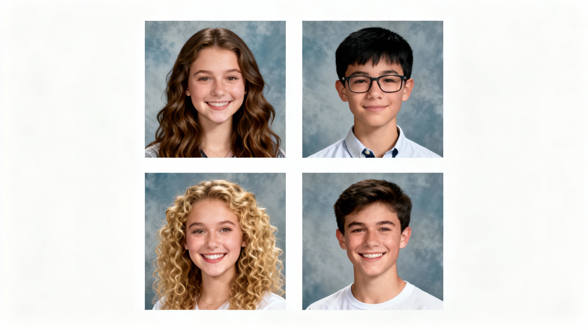 A grid of four professional yearbook photos of diverse, smiling high school students against a clean white background, representing classic school portraits.