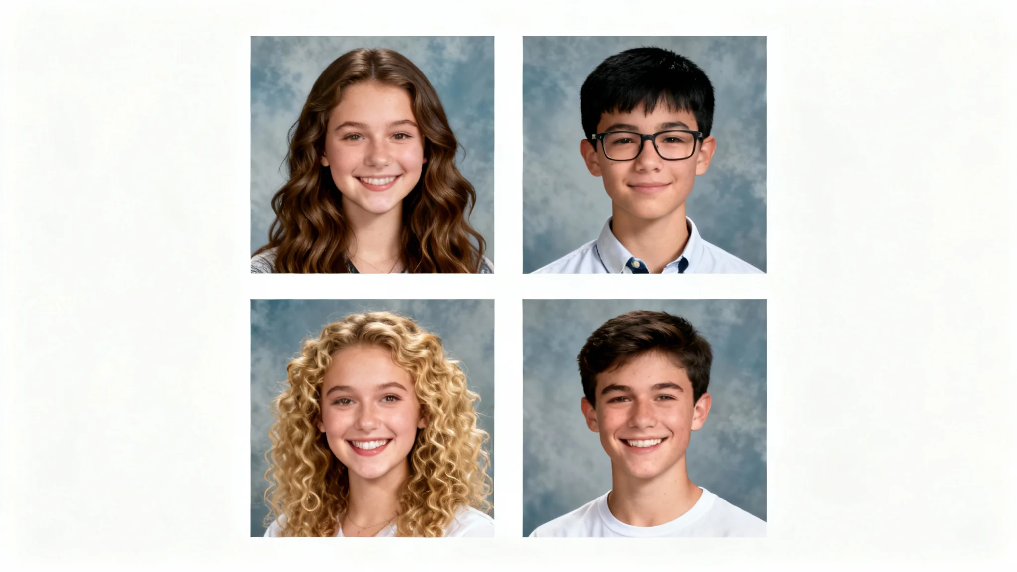 A grid of four professional yearbook photos of diverse, smiling high school students against a clean white background, representing classic school portraits.