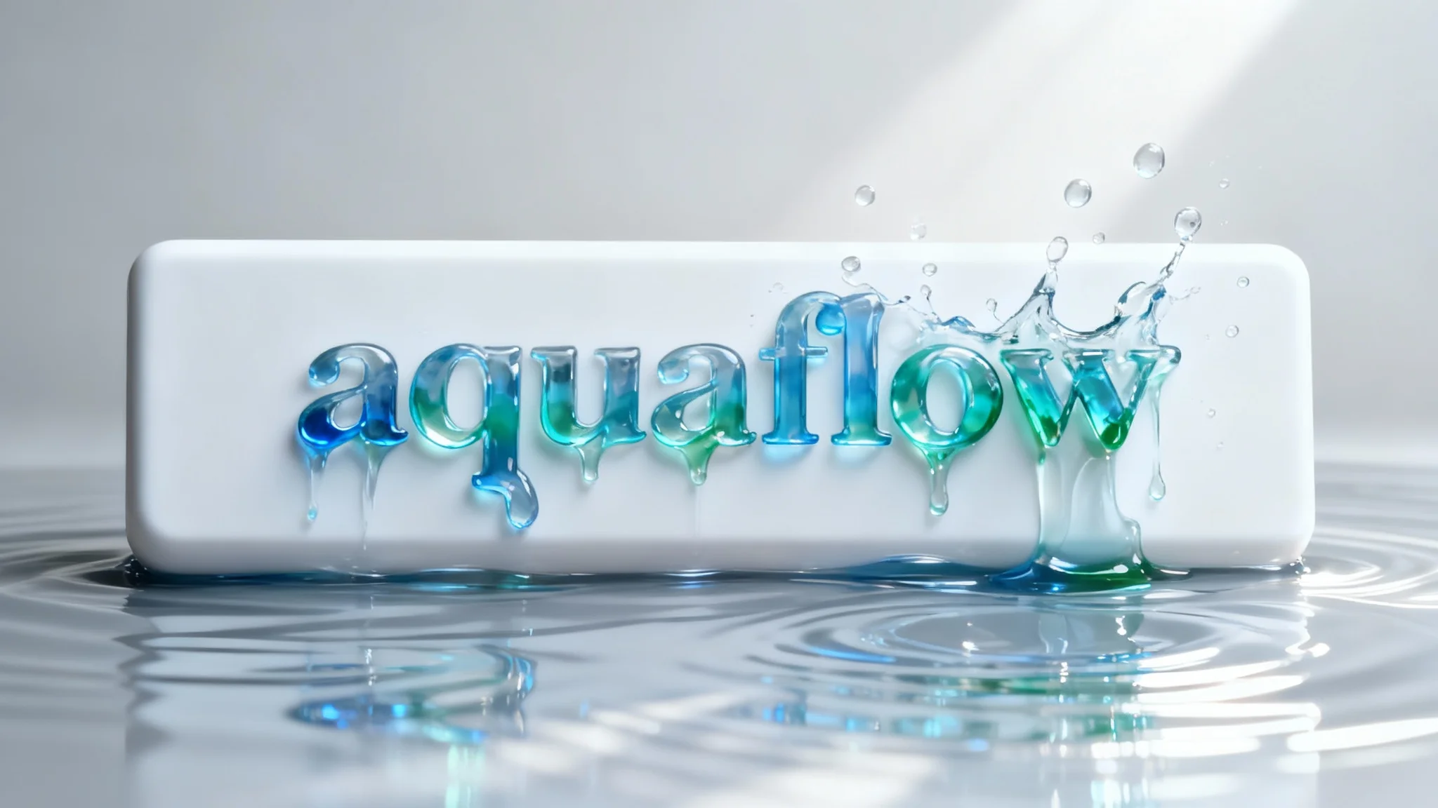 A photorealistic rendering of the logo 'AquaFlow' as if it's made of real blue and green liquid, with splashes and droplets creating a dynamic effect on a clean white background.