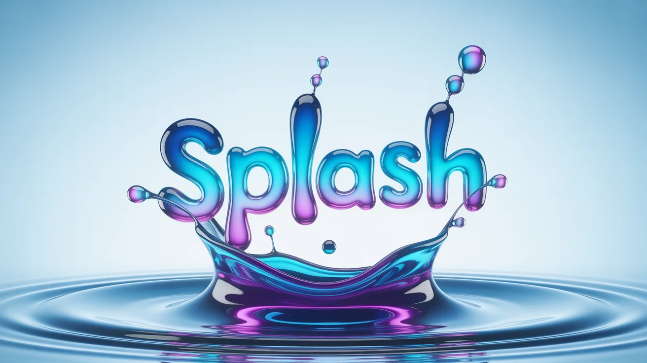 A hyper-realistic logo with the word 'SPLASH' appearing as if it's made of vibrant blue and purple liquid, captured mid-splash against a clean white background.