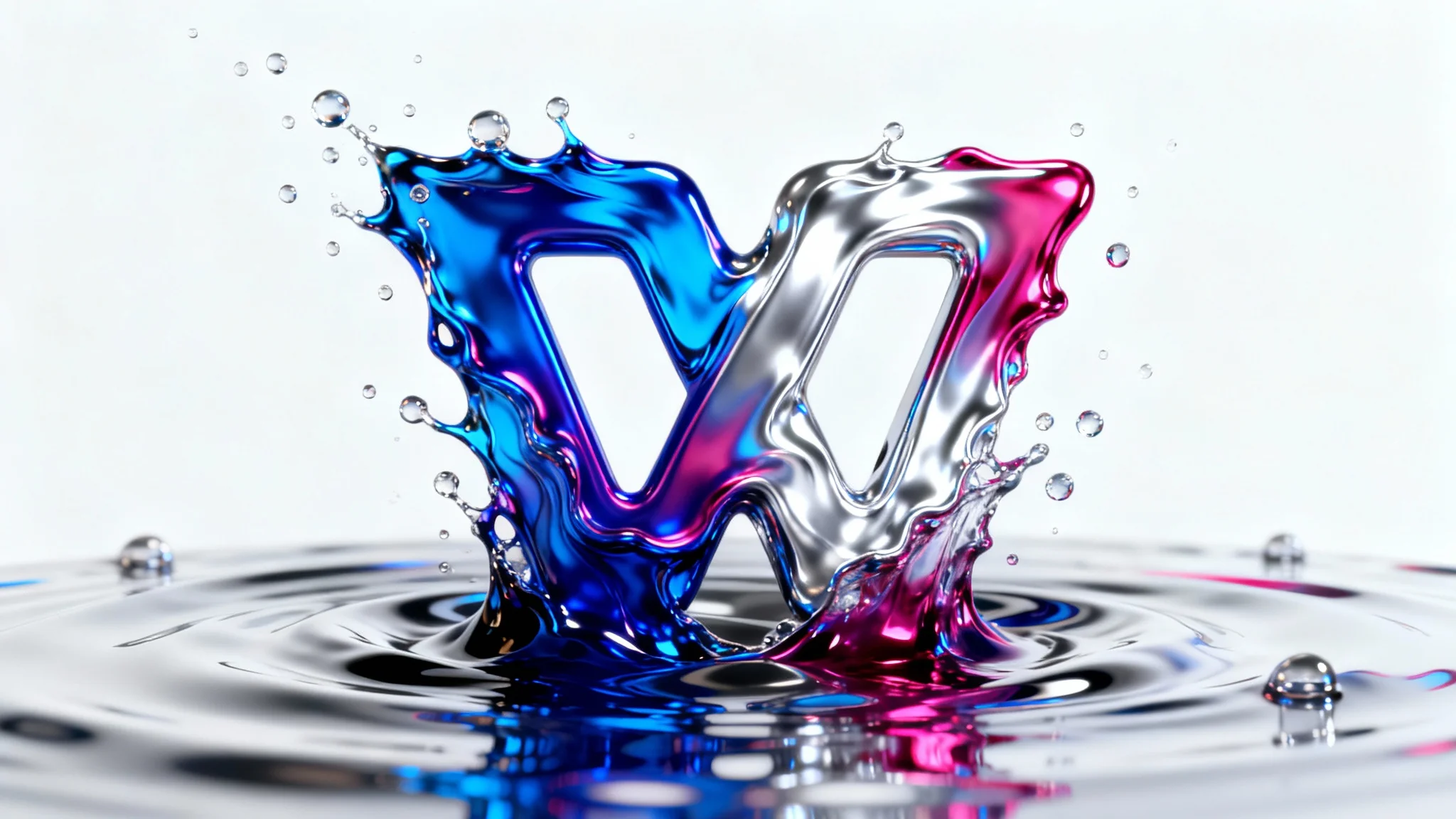 An abstract logo icon dissolving into a vibrant splash of iridescent blue and magenta liquid against a clean white background, demonstrating a liquid logo effect.