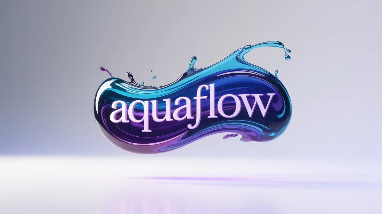 A 3D logo for the brand 'AquaFlow' created with a vibrant, liquid effect. The logo, featuring shades of blue, violet, and silver, appears to be splashing and swirling on a clean white background.