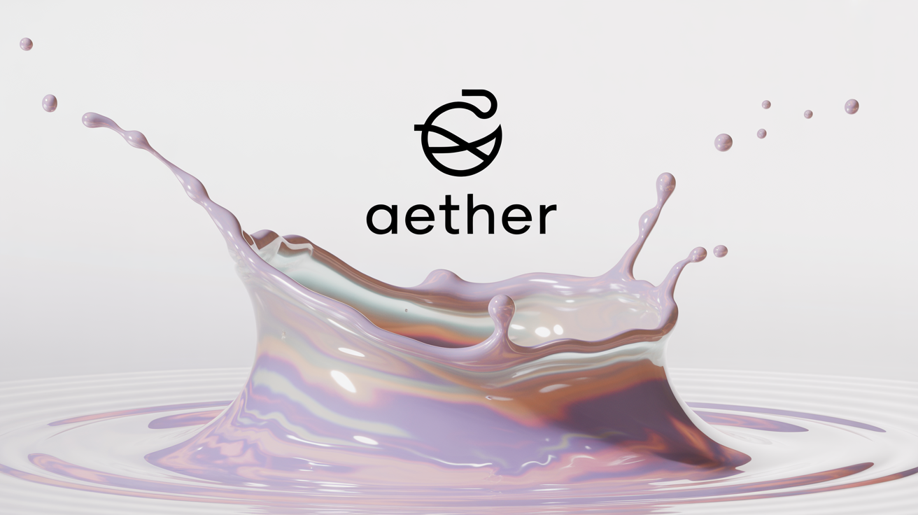 A photorealistic logo with a liquid effect, featuring a stylized bird icon and the word 'Aether' formed from a dynamic splash of iridescent pink and lavender fluid against a clean white background.