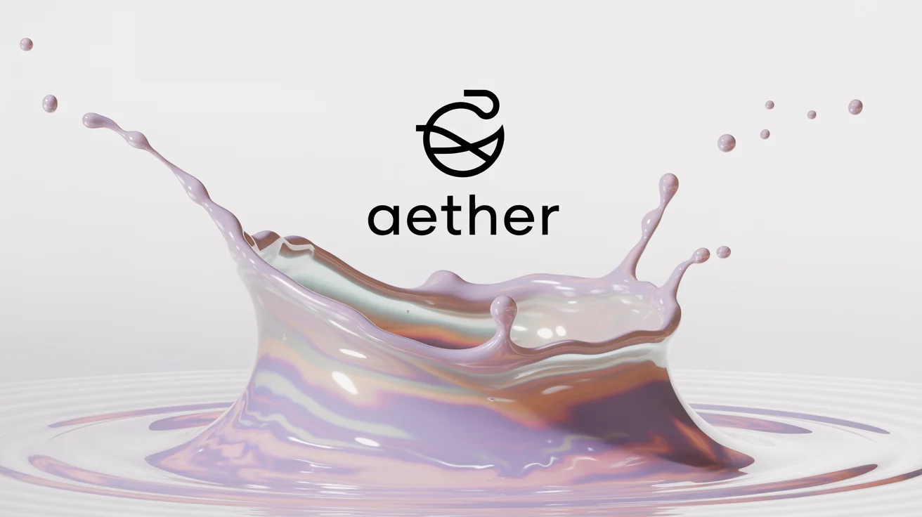 A photorealistic logo with a liquid effect, featuring a stylized bird icon and the word 'Aether' formed from a dynamic splash of iridescent pink and lavender fluid against a clean white background.