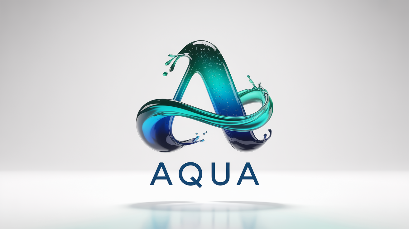 A stylized logo of the letter 'A' made from swirling blue and turquoise liquid, with the word 'AQUA' underneath, demonstrating a liquid logo effect on a white background.