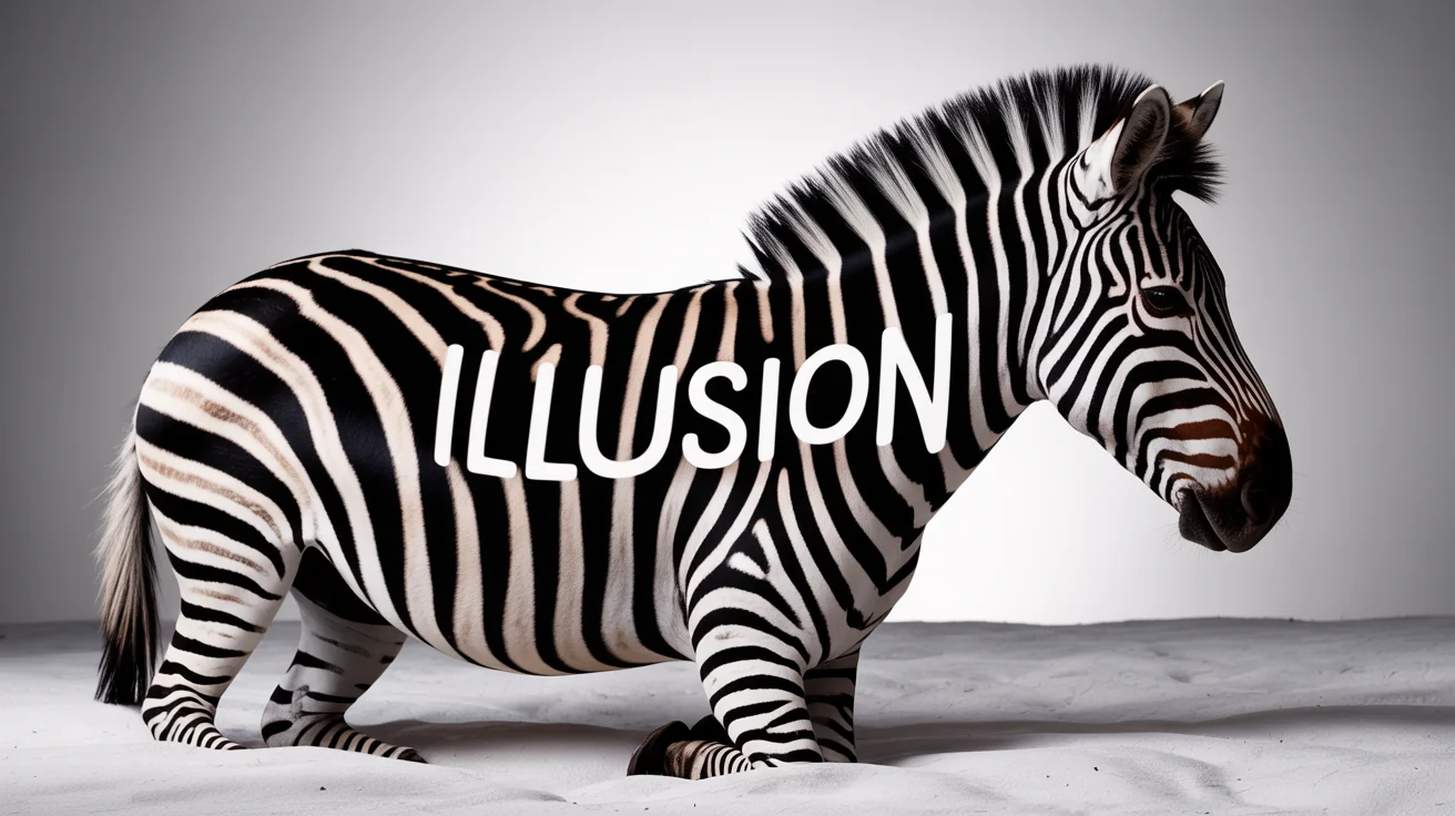 An artistic optical illusion showing a close-up of a zebra where the word 'ILLUSION' is masterfully hidden within its black and white stripes.