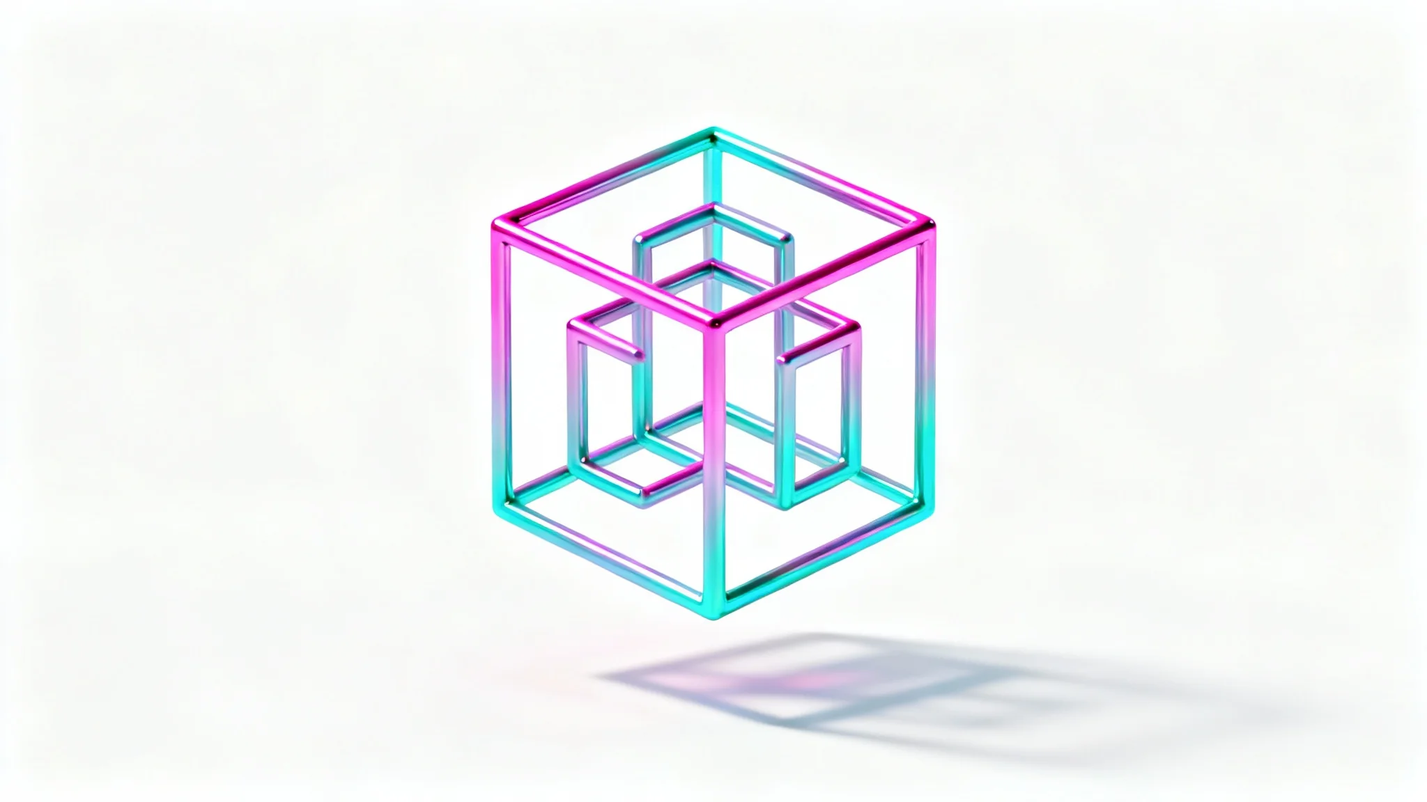 An optical illusion of an impossible cube, rendered in a vibrant gradient of colors, floating against a white background.