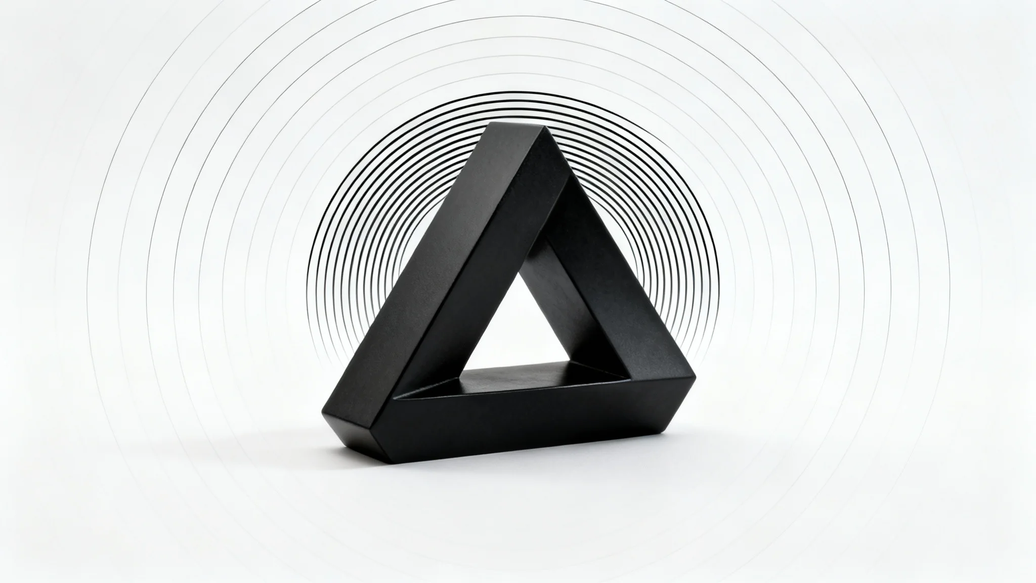 A minimalist optical illusion featuring an impossible black Penrose triangle floating against a white background with subtle concentric circles creating a movement effect.