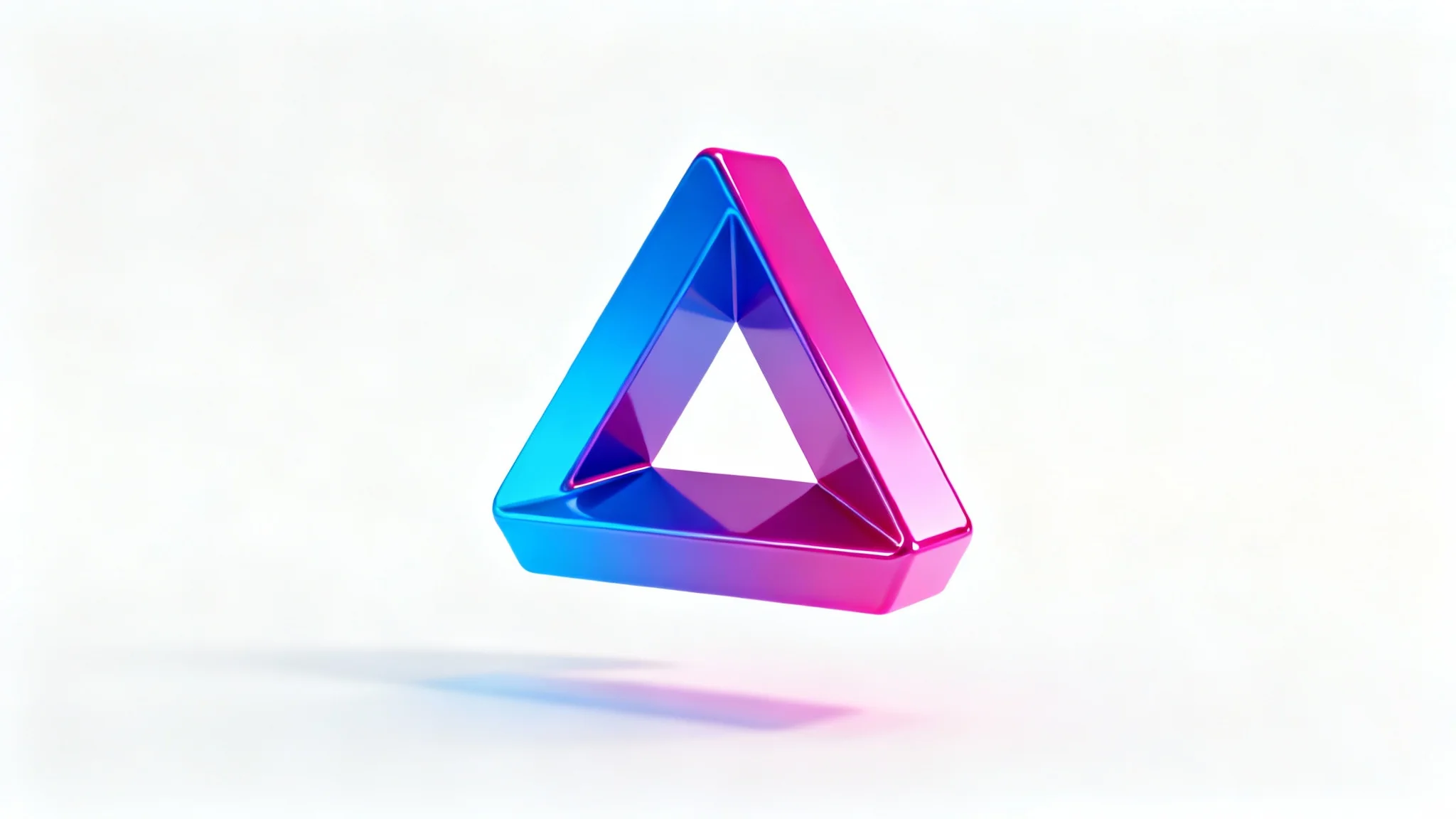 A colorful optical illusion of a Penrose triangle, an impossible 3D shape, rendered in a blue and magenta gradient against a clean white background.