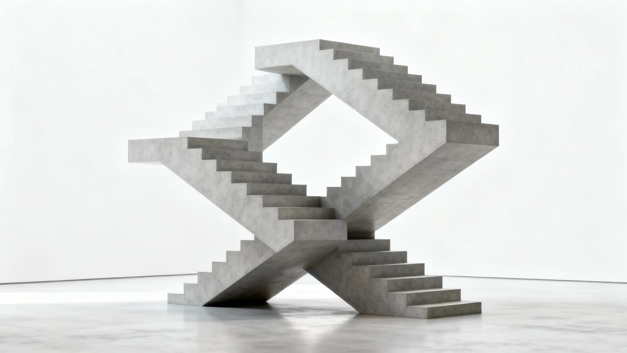 A photorealistic optical illusion of an impossible staircase made of polished concrete, twisting and connecting to itself against a plain white background.
