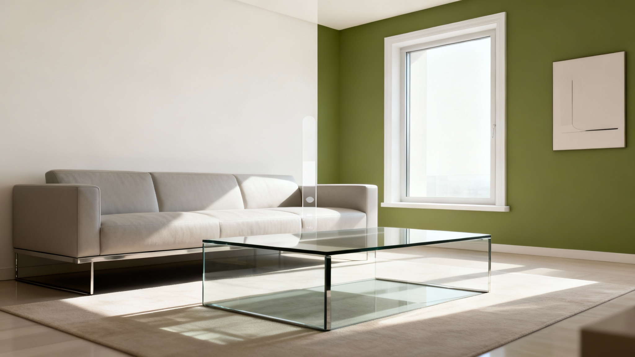 A before-and-after split-screen image of a modern living room. The left side shows a plain white wall, and the right side shows the same wall virtually painted in a flawless sage green color, demonstrating a wall painting tool.