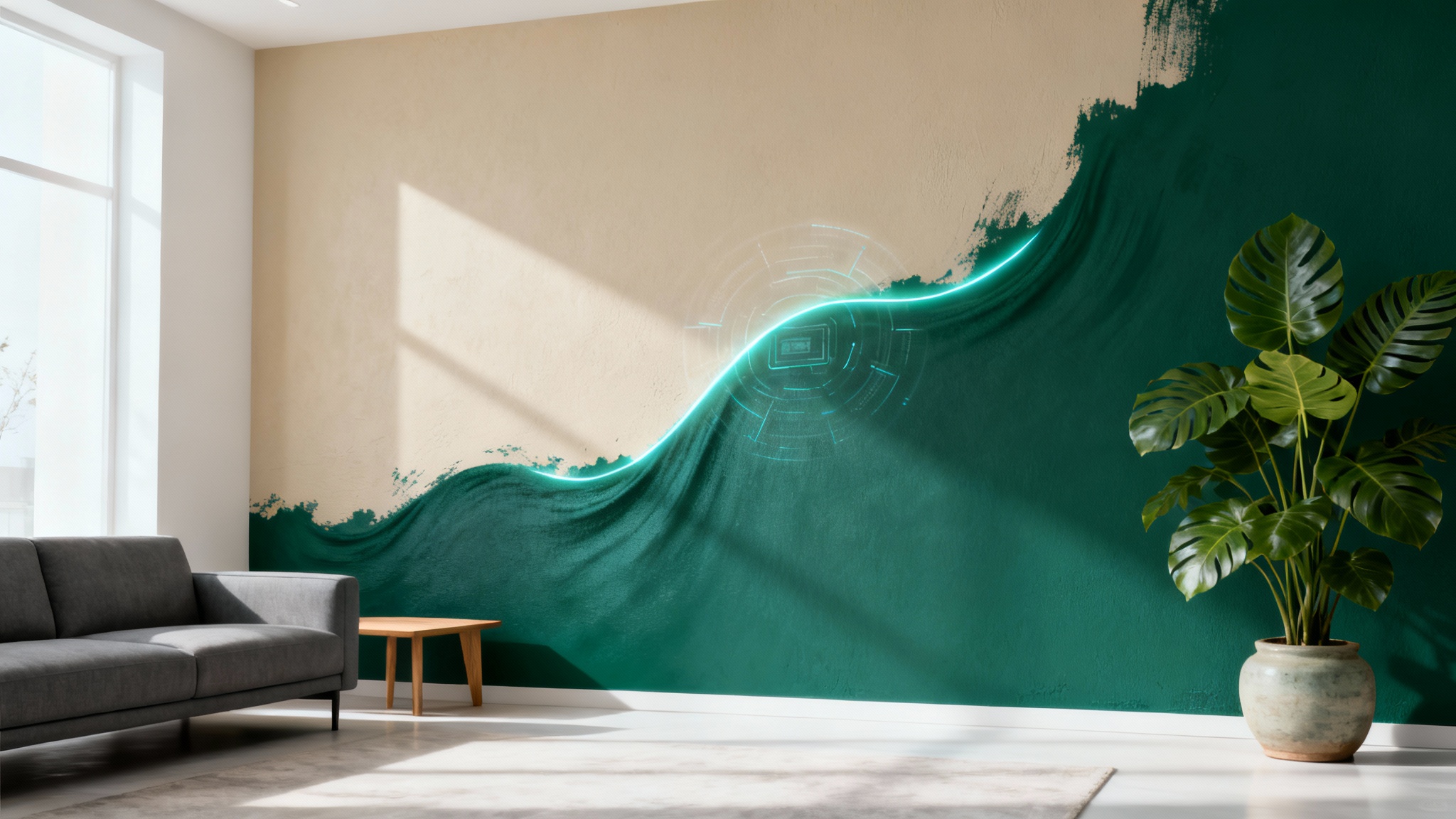 A photorealistic image of a stylish living room accent wall being magically transformed from beige to a vibrant emerald green, with a glowing digital effect showing the virtual painting process.
