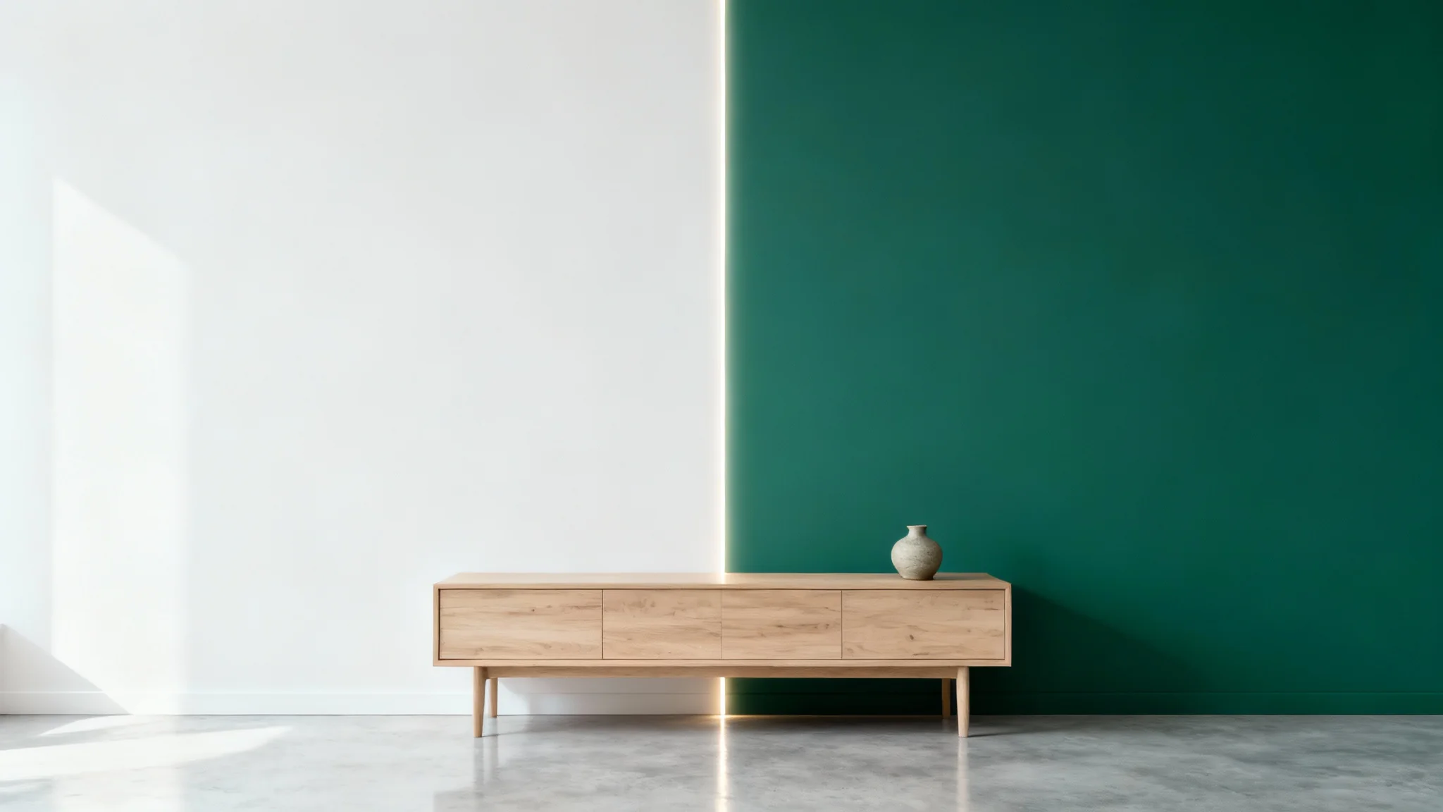 A modern living room wall being virtually repainted, with half the wall shown in its original off-white color and the other half in a new deep sage green.