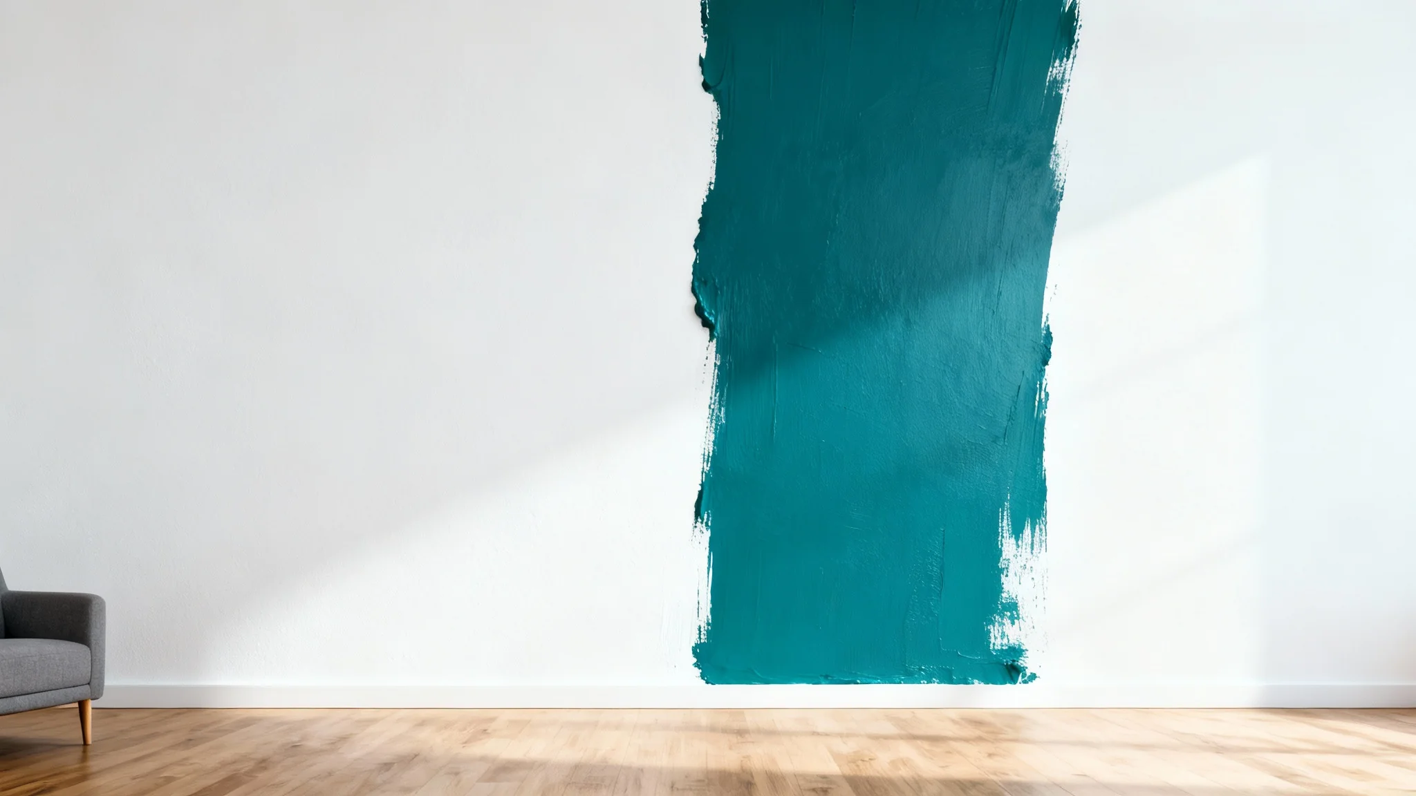 A modern, minimalist wall shown mid-transformation, with one side remaining plain white while the other is being painted a vibrant teal color, showcasing a virtual painting feature.