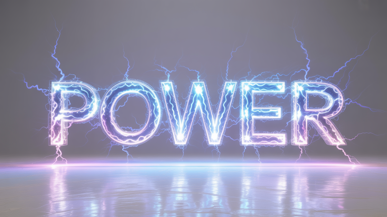 The word 'POWER' rendered in a hyper-realistic electric text effect, with crackling blue and violet lightning against a clean white background.