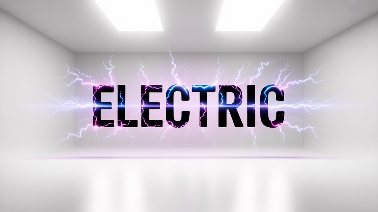 The word 'ELECTRIC' is rendered in glowing blue and purple electricity, with sparks flying off the letters against a clean white background.