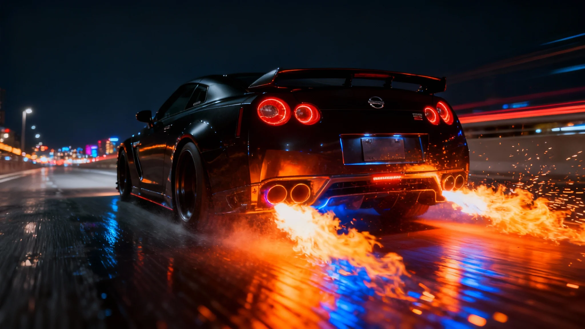 A dramatic hero image of a black sports car at night with vibrant, digitally added flames shooting from its exhaust, showcasing the final result of an exhaust flame overlay effect.