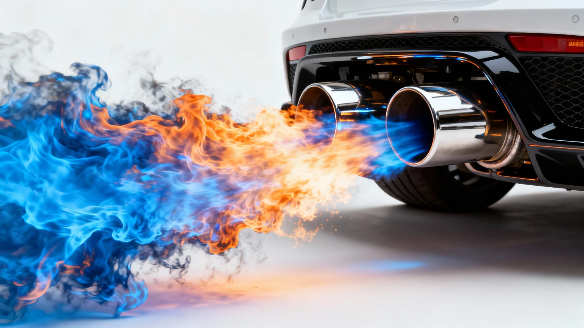A close-up of a car's exhaust pipe shooting out a large, vibrant blue and orange flame against a plain white background.