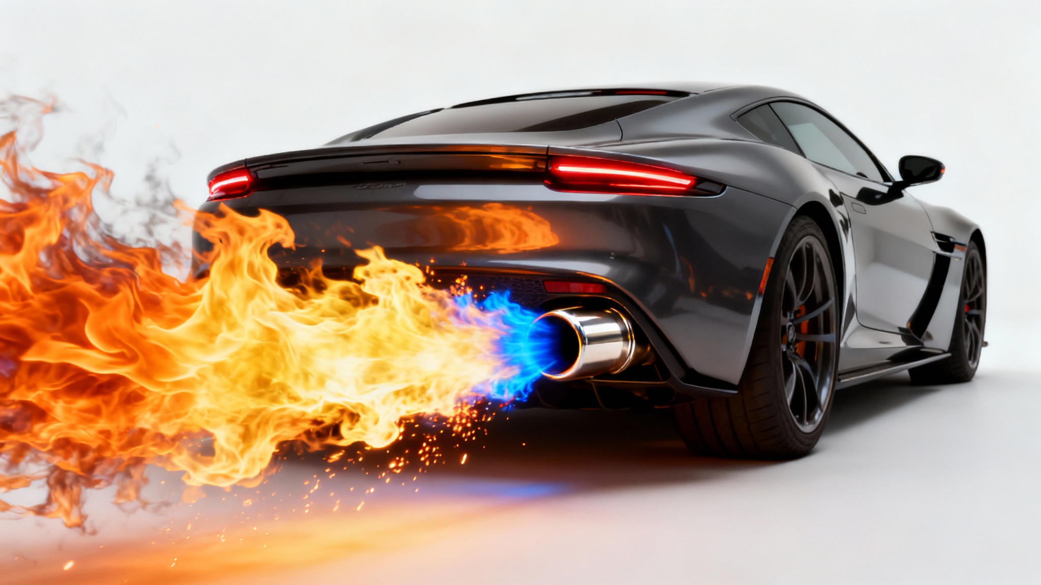 A studio shot of a charcoal grey sports car on a white background, with a huge, detailed orange and blue flame erupting from its exhaust pipe.