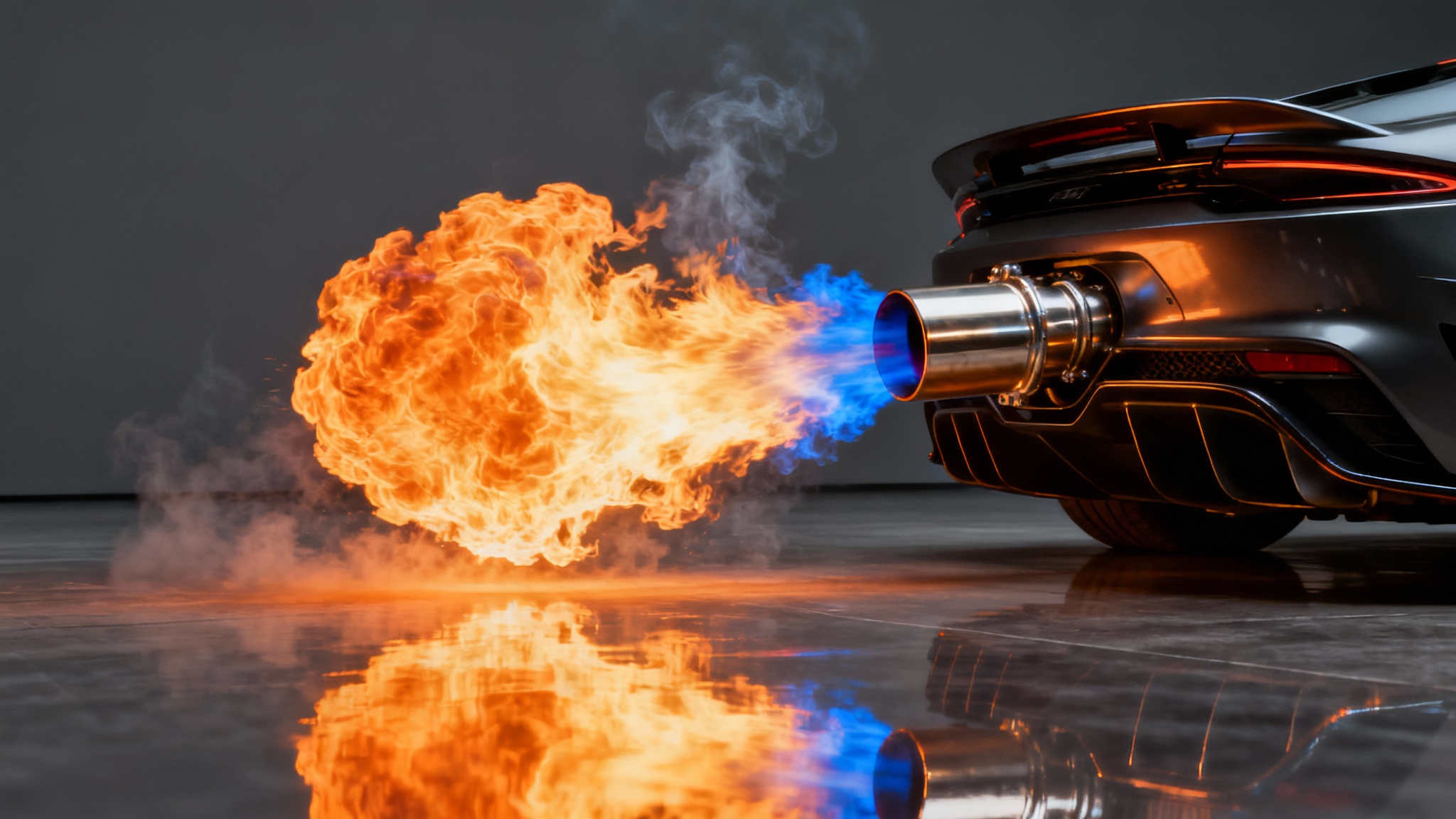 A close-up, dramatic shot of a car's exhaust pipe at night, shooting out a large, vibrant orange and blue flame that illuminates its surroundings.