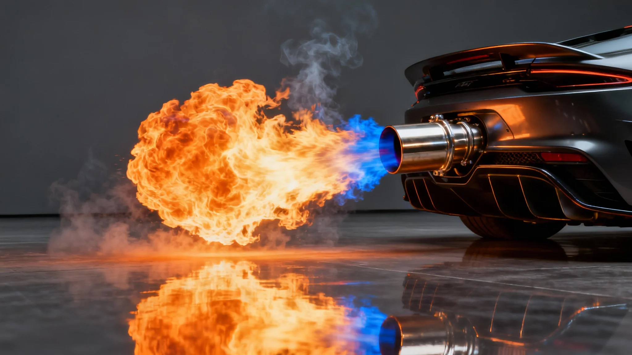 A close-up, dramatic shot of a car's exhaust pipe at night, shooting out a large, vibrant orange and blue flame that illuminates its surroundings.