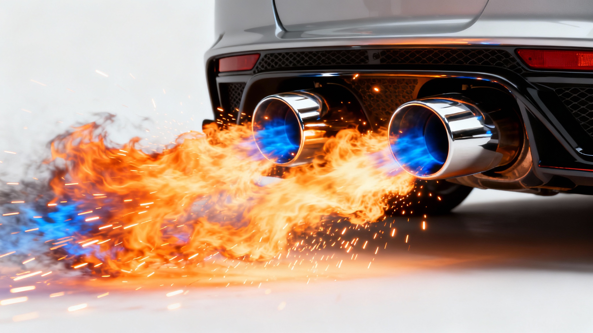 A photorealistic mockup of a car's dual exhaust pipes spitting out a large, dramatic burst of orange and blue flames against a stark white background.