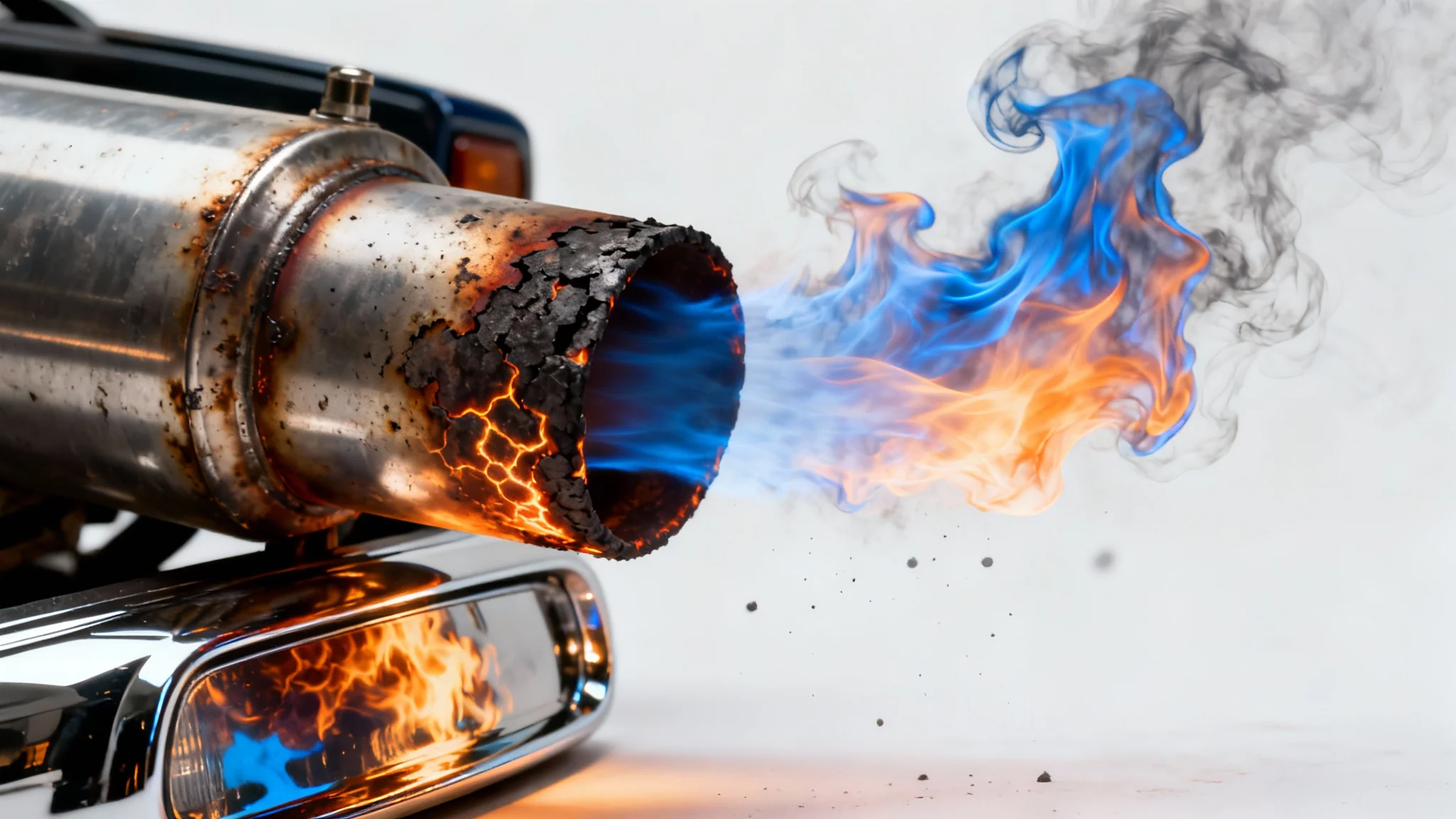 A close-up, photorealistic image of a car's exhaust pipe with a large blue and orange flame bursting out, isolated on a white background to showcase the effect.