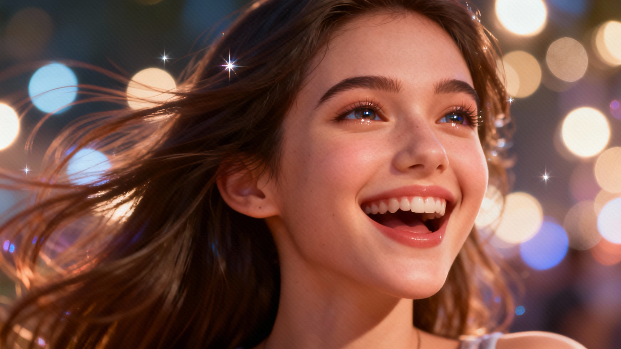 A dynamic hero image showing a photorealistic portrait of a woman mid-laugh, her hair in motion, representing the final result of an animated portrait tool.