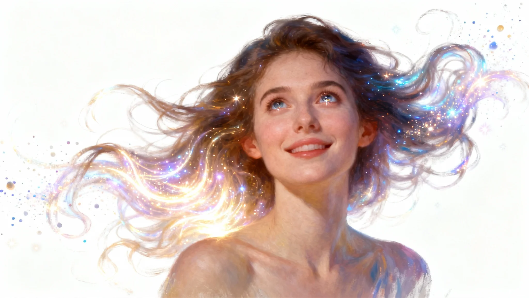 An artistic portrait of a woman coming to life, with her hair and features dissolving into magical, animated light and particles against a plain white background.