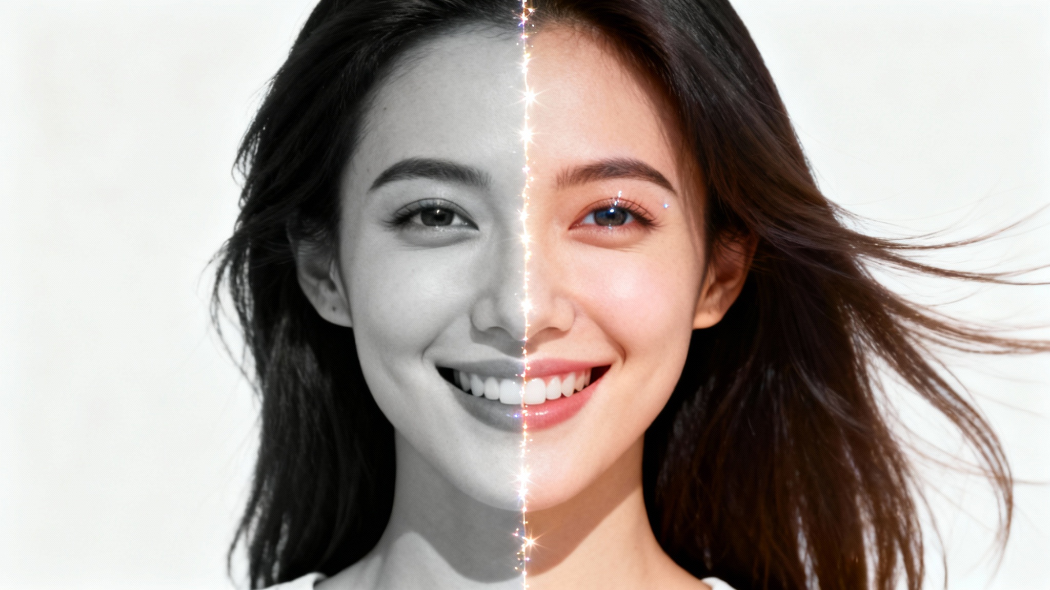 A conceptual split-image portrait of a woman against a white background; one half is a static black and white photo, the other is a vibrant, colorful, and animated version, symbolizing the effect of animating a portrait.