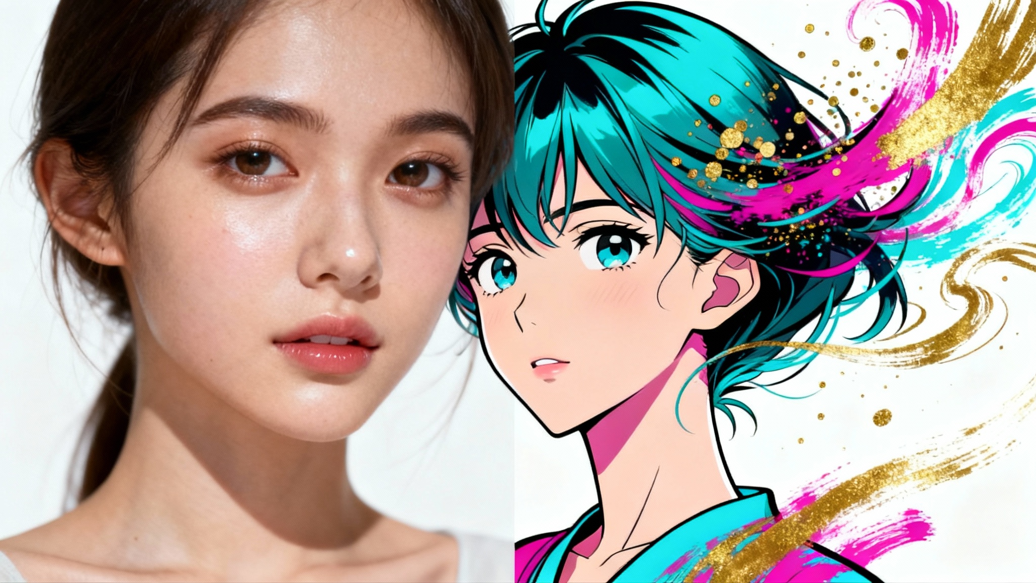 A striking visual of a woman's portrait, half photorealistic and half vibrantly animated, set against a clean white background to demonstrate the animate portrait feature.