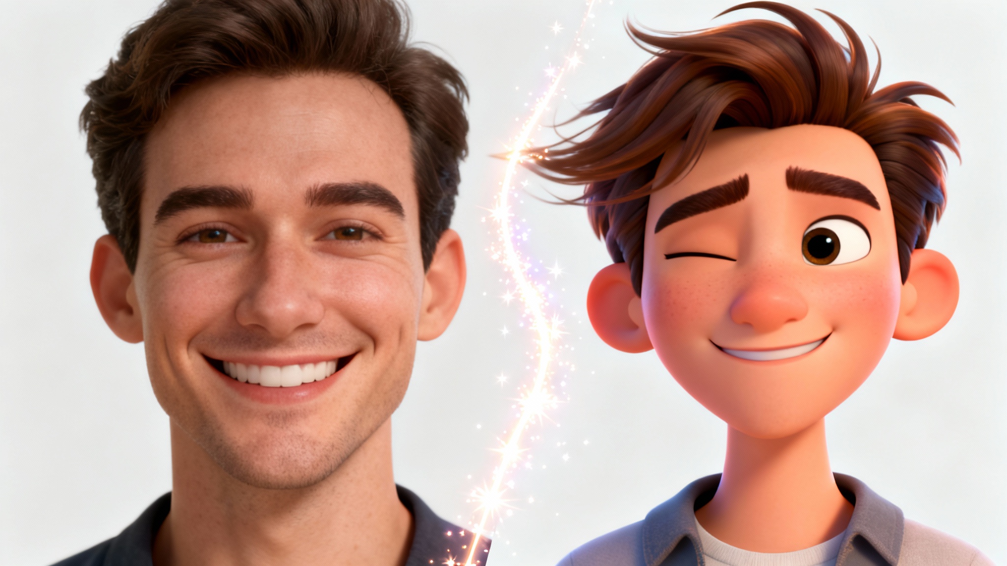 A split-screen style image showing a portrait of a man being animated. The left side is a photorealistic still, and the right side is a vibrant 3D animation of the same man winking.