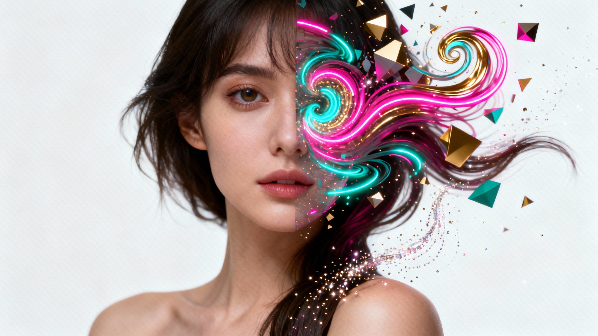 A photorealistic portrait of a woman, with one side of her face and hair transforming into a vibrant, colorful swirl of animated digital effects against a white background.