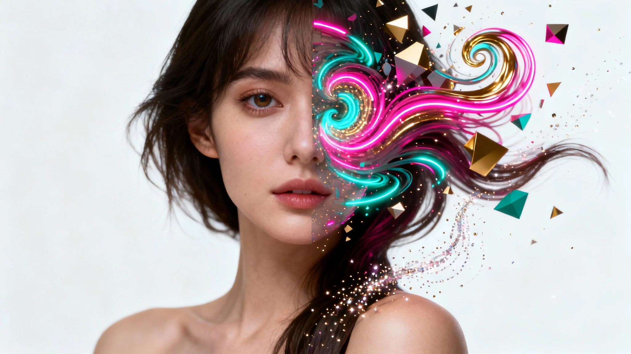 A photorealistic portrait of a woman, with one side of her face and hair transforming into a vibrant, colorful swirl of animated digital effects against a white background.